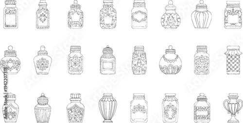 Collection of ornate decorative jars and bottles with intricate and lids