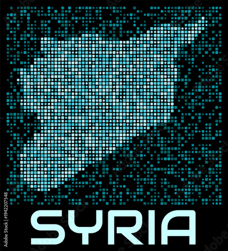 Syria digital dotted map. Shape of the country in cyan color palette on dark background. Futuristic Syria map design. Vector illustration.