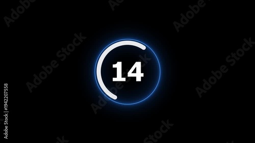 Countdown timer from 26 to 0 seconds real time. neon glowing animation. Half minute countdown timer with colorful circle.