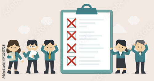 Business team failing checklist on clipboard showing mistakes and problems in project workflow | Gentle Business Illustration Series