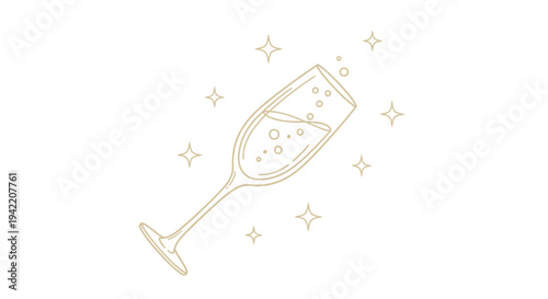 A champagne flute with bubbles and sparkles is depicted in a line art illustration.