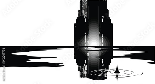 cityscape silhouette reflected in calm water at sunset