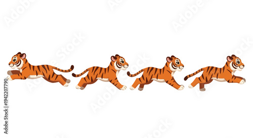 Four stylized tigers are depicted running in a line against a white background.