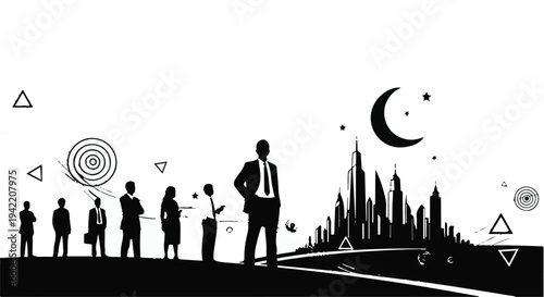 business people standing in front of city skyline at night