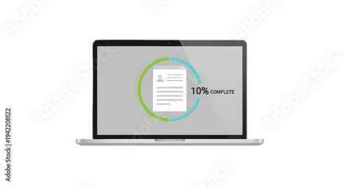 Laptop with loading progress bar on screen, 10 percent complete