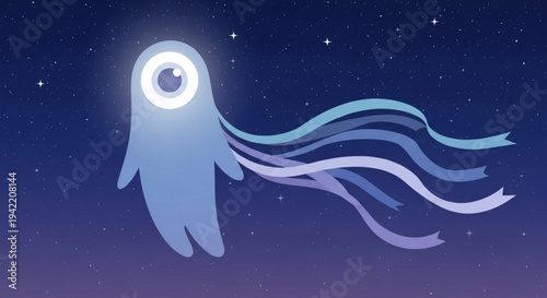Glowing blue creature with long flowing tentacles floats in starry night sky with celestial background