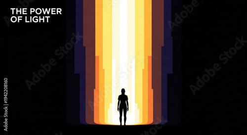 Silhouette person standing before radiant light beam in dark tunnel with orange glow