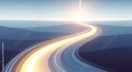 Winding road with glowing light trails leading to horizon at sunset or sunrise in mountains