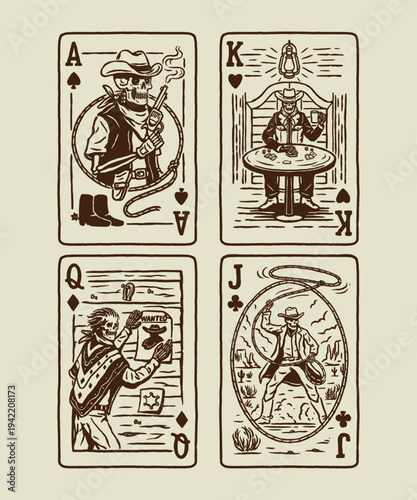 Hand Drawn Vintage Western Skull Playing Card Illustration Featuring Cowboy Outlaw Characters, Lasso, Poker Scene and Desert Theme