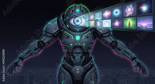 Futuristic robot with glowing eye and neon interface screens in dark cityscape
