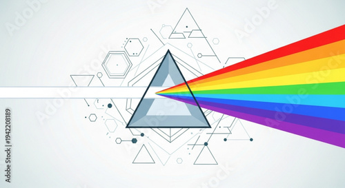 Prism refracts white light into colorful rainbow spectrum with geometric shapes background