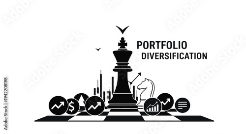 Portfolio diversification strategy with chess piece and financial icons