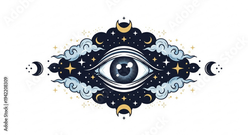 Mystical eye with celestial elements and moon phases on white background