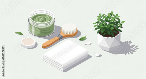 Skincare routine essentials with green face mask brush towels and plant on a light background
