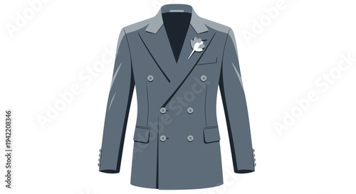 A double-breasted grey suit jacket with a boutonniere is displayed against a white background.