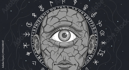 Cracked face with one eye and zodiac symbols on black background mystical illustration