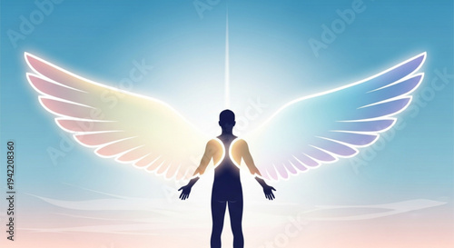 Silhouette of a person with glowing wings spread wide in a serene blue and pink sky with radiant light