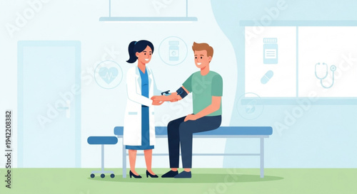 Doctor taking patient's blood pressure in a medical office with a nurse