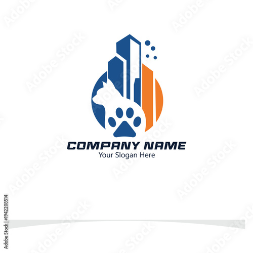 Urban Pet Real Estate and Care Logo - Cat Silhouette with City Skyline and Paw Print Icon