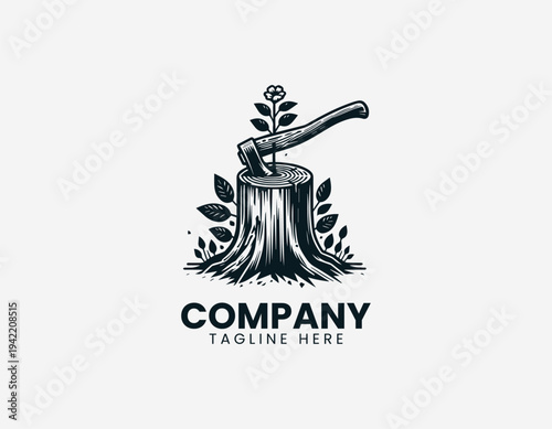 Woodcutter axe in tree stump with growing flower in detailed modern black vector illustration style