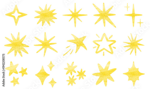Han drawn stars and sparkles with crayon texture collection set