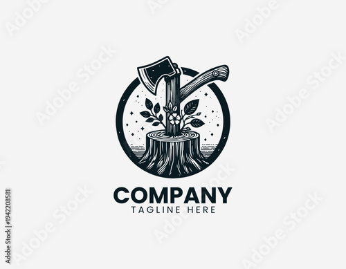 Woodcutter axe in tree stump with growing flower in detailed modern black vector illustration style