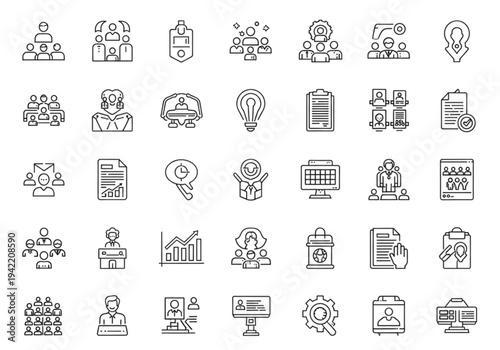 Large business and management icon set, thin line style for corporate leadership, strategy, and teamwork concepts