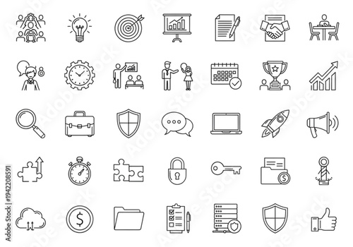 Large business and management icon set, thin line style for corporate leadership, strategy, and teamwork concepts