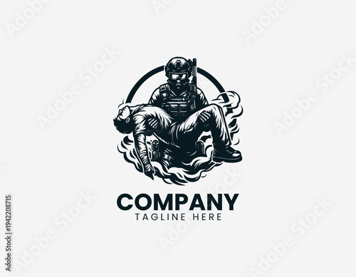 Heroic soldier carrying injured person in dramatic modern black vector illustration style