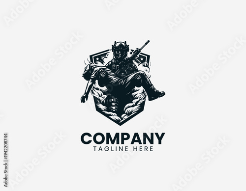 Heroic soldier carrying injured person in dramatic modern black vector illustration style