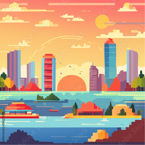 夕暮れ時にオレンジ色に染まる美しい都会の街並みを描いたフラットデザインのベクターイラストで、穏やかな海辺に立ち並ぶカラフルな高層ビルと沈みゆく太陽が幻想的でモダンな雰囲気を醸し出している高品質な背景素材。