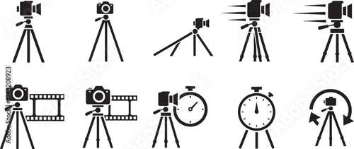 Black and white camera with various functions on tripods and clocks