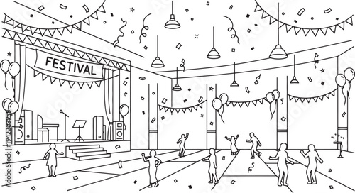 Black and white line of people dancing at a festival with balloons and banners line festival