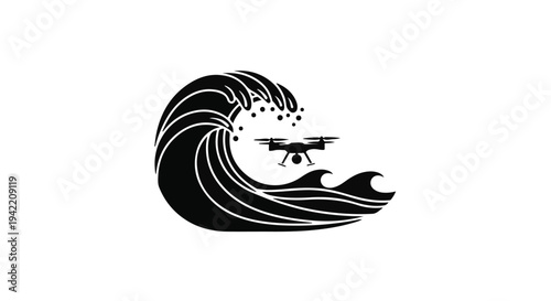 Black silhouette of drone flying over ocean wave