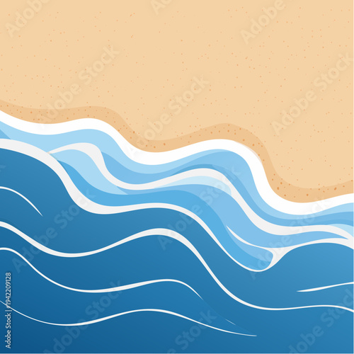 砂浜と青い海の波が美しく描かれたシンプルでモダンなベクターイラスト。夏のバカンスやビーチリゾートをイメージした背景素材で、上部の砂浜部分にはテキストを入れるための十分なコピースペースがあり、広告やウェブデザインに最適です。