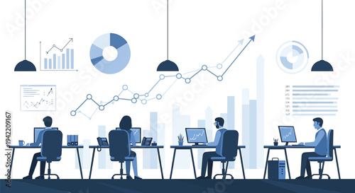 Set of office workers with data analysis and graphs vector