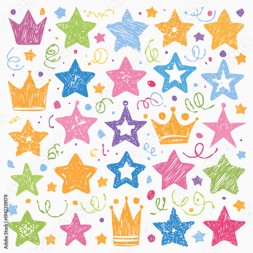 カラフルな手書き風の星と王冠のイラスト素材セット。クレヨンや色鉛筆で描いたようなラフな質感の星やクラウン、紙吹雪のようなドットや曲線が白背景に散りばめられた、子供向けのデザインやお祝いにぴったりな可愛らしいベクター背景。