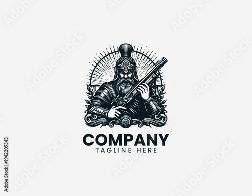 Strong armored warrior character holding rifle in detailed modern black vector illustration style