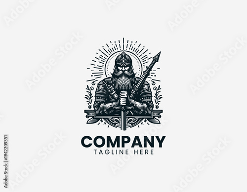Strong armored warrior character holding rifle in detailed modern black vector illustration style