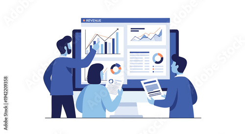Vector illustration of 3 people analyzing data on a large computer screen