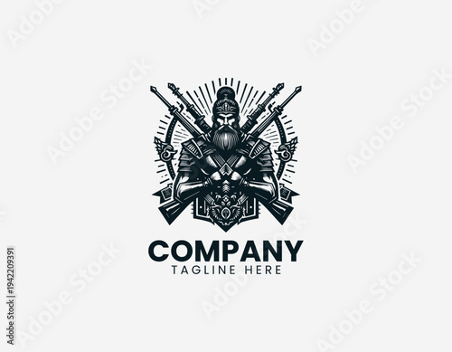Strong armored warrior character holding rifle in detailed modern black vector illustration style