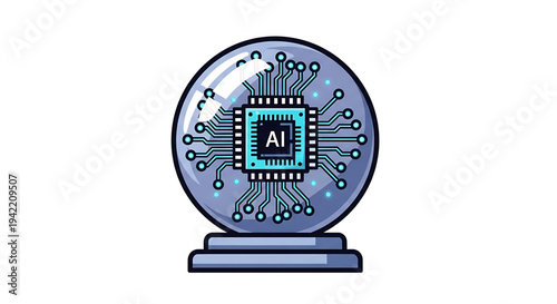 Crystal ball revealing the future of artificial intelligence, with a glowing circuit board chip representing technological foresight, innovation, and digital evolution
