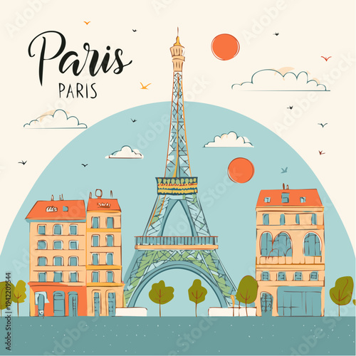 パリの象徴であるエッフェル塔と歴史的な街並みを、手書き風の温かみのあるイラストで描いたヴィンテージスタイルのベクター素材です。旅行のポスターやポストカードに最適な、おしゃれでクリエイティブなデザインです。