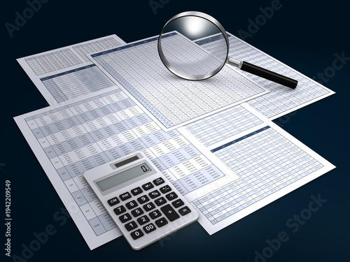 ビジネスデータを印刷した書類と虫メガネと電卓、ビジネス業績の検証やデータ分析のイメージ