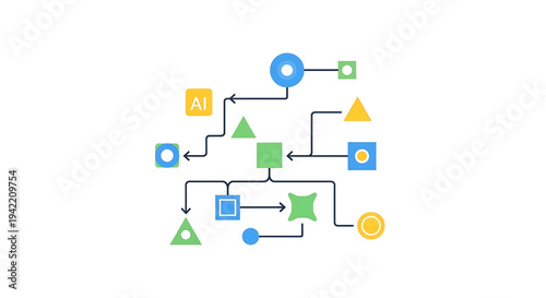 Abstract representation of an artificial intelligence flowchart with geometric shapes and connecting lines on a white background