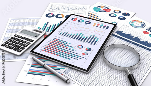 ビジネスデータを表示したタブレットPCとビジネスアイテム、ビジネス業績の検証やデータ分析のイメージ