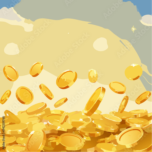 たくさんの金貨が空からキラキラと降り注ぎ、地面に山のように高く積み重なっている様子を描いた、富や経済的な成功、ビジネスの繁栄、幸運を象徴する明るく華やかなベクター風の高品質なイラストレーション背景素材。