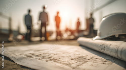 Wallpaper Mural Real estate business market, house home building purchase sale. A construction site with a white hard hat resting on top of blueprints spread out on the ground. The background is slightly blurred. Torontodigital.ca