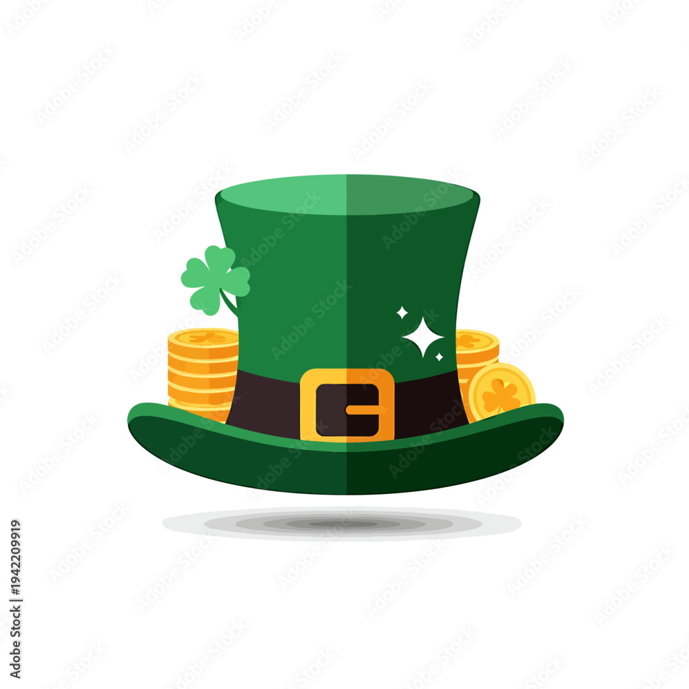 Fototapeta premium St Patrick Leprechaun Hat With Gold Coins Emerald Green. Vector Icon. EPS Editable