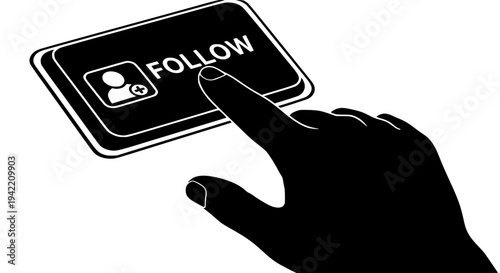 Hand pressing a black 'Follow' button with a user icon on a white background, representing social media interaction, online engagement, and digital connection on transparent background. 